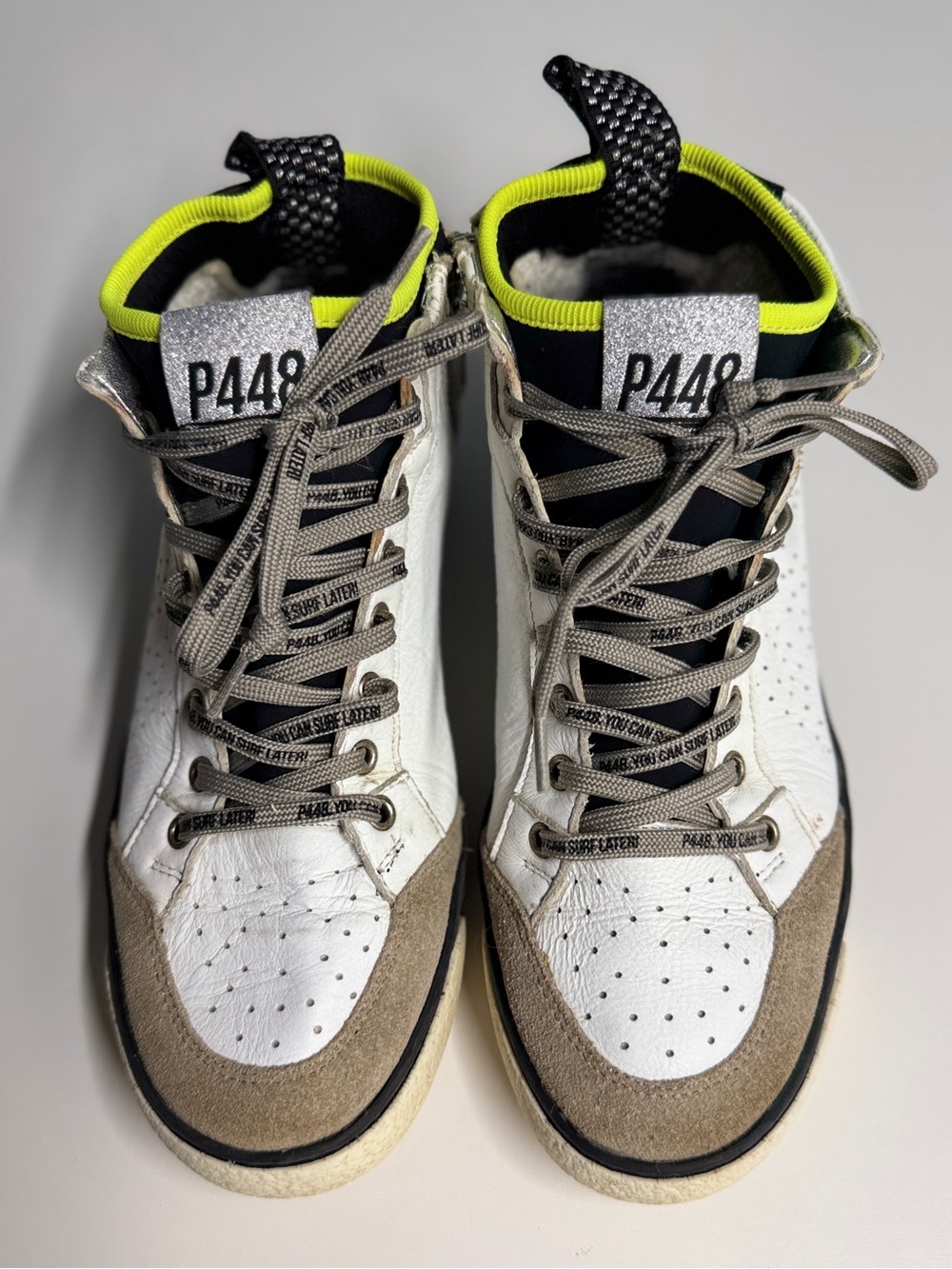 P448 Men’s White, Taupe & Neon High-Top Sneakers